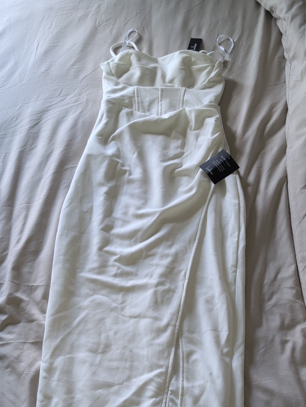 Lulu's Cream Bustier Midi Dress with Spaghetti Straps